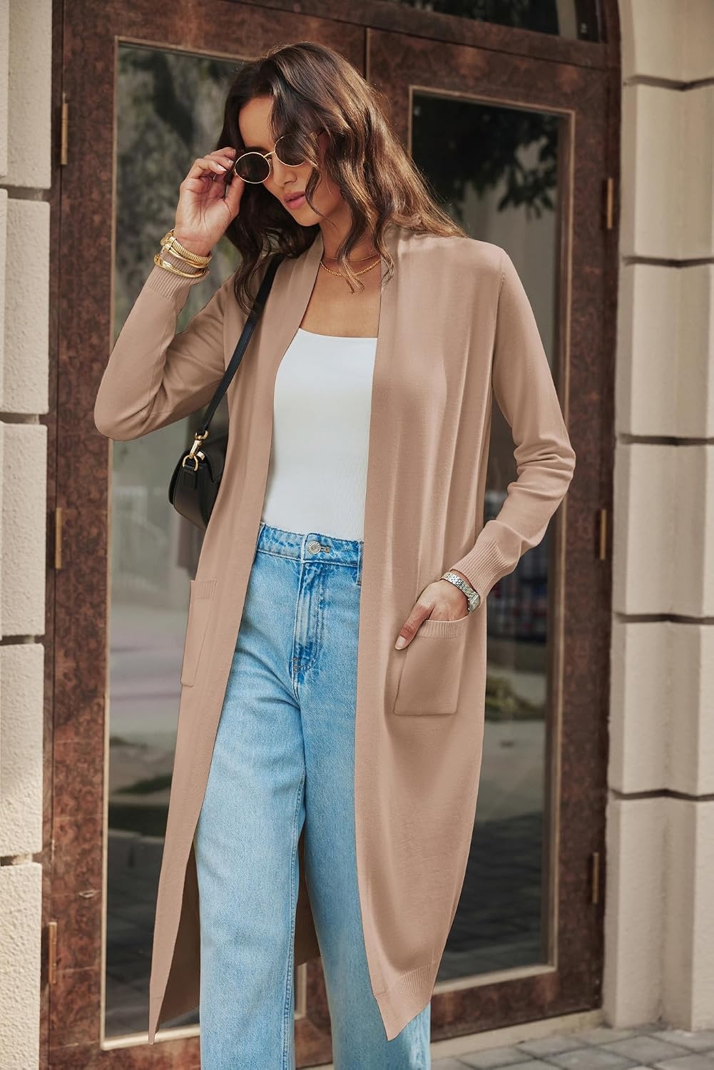 image:imageGRACE KARIN Essential Solid Open Front Maxi Long Knitted Cardigan Sweater for WomenDark Camel