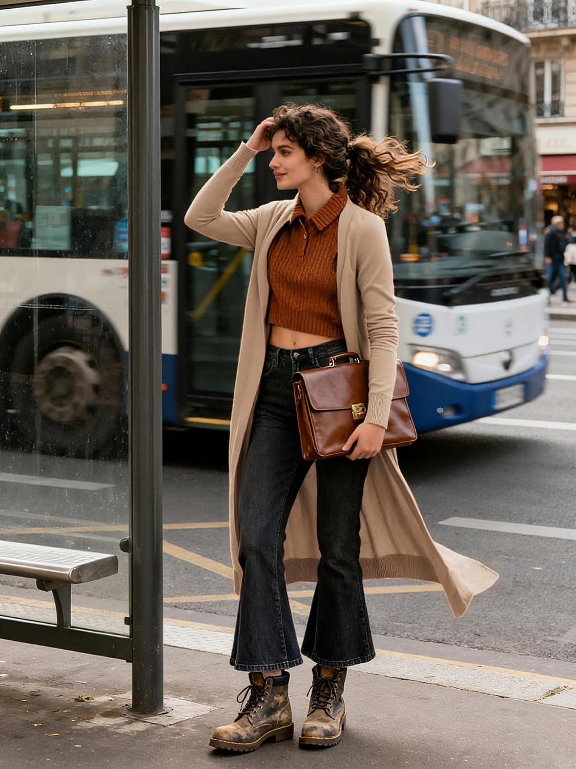 image:imageGRACE KARIN Essential Solid Open Front Maxi Long Knitted Cardigan Sweater for WomenDark Camel