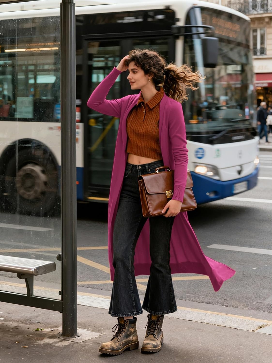 image:imageGRACE KARIN Essential Solid Open Front Maxi Long Knitted Cardigan Sweater for WomenRose