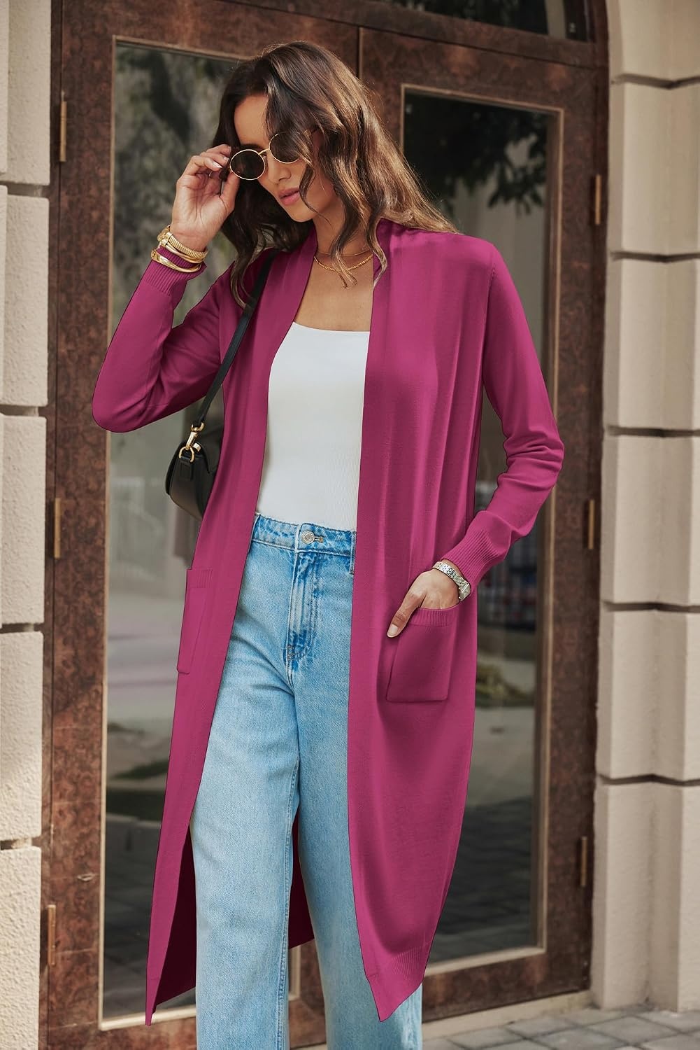 image:imageGRACE KARIN Essential Solid Open Front Maxi Long Knitted Cardigan Sweater for WomenRose