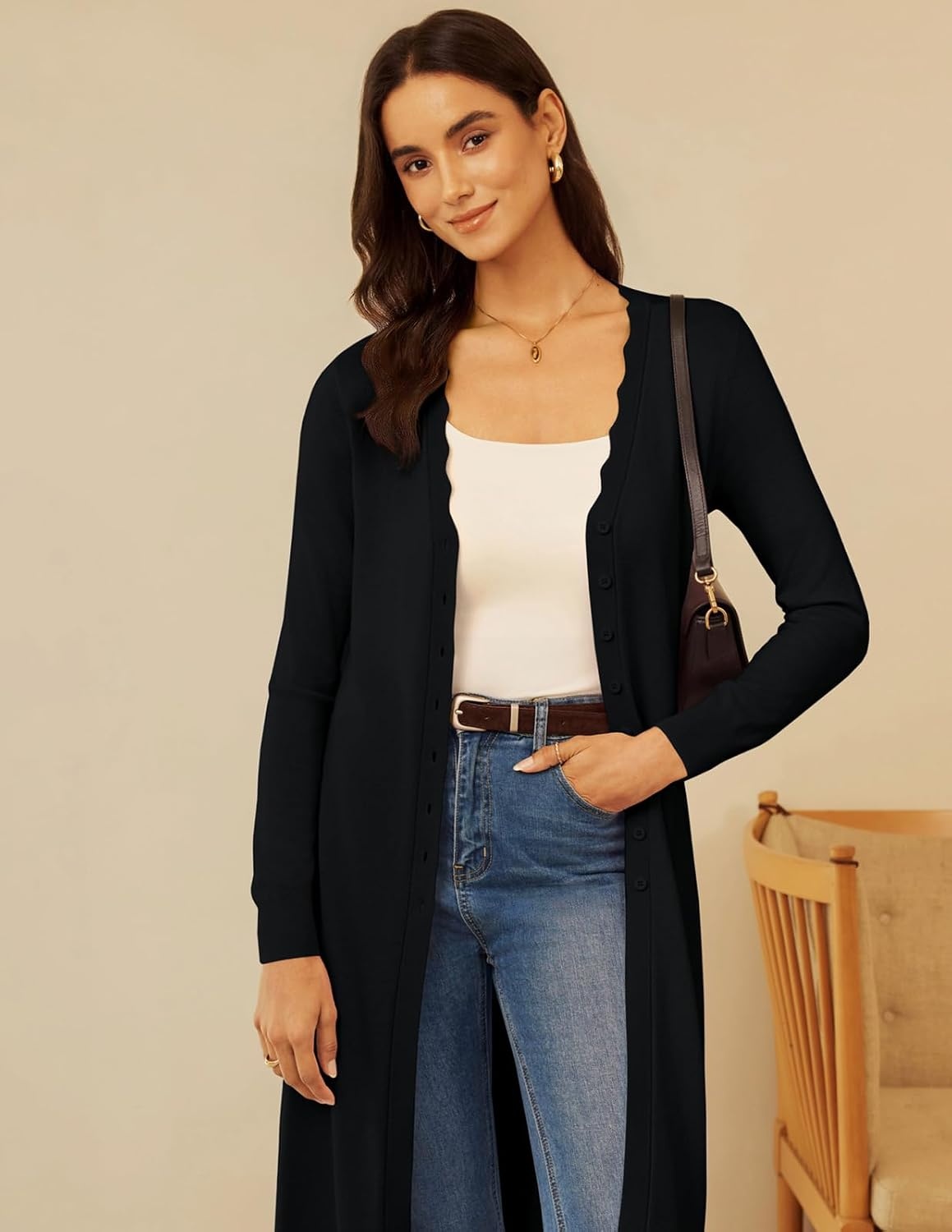image:imageGRACE KARIN Long Cardigans for Women Scalloped Duster Fall Fashion OutfitsBlack