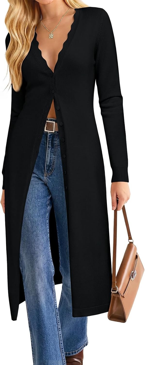 image:imageGRACE KARIN Long Cardigans for Women Scalloped Duster Fall Fashion OutfitsBlack