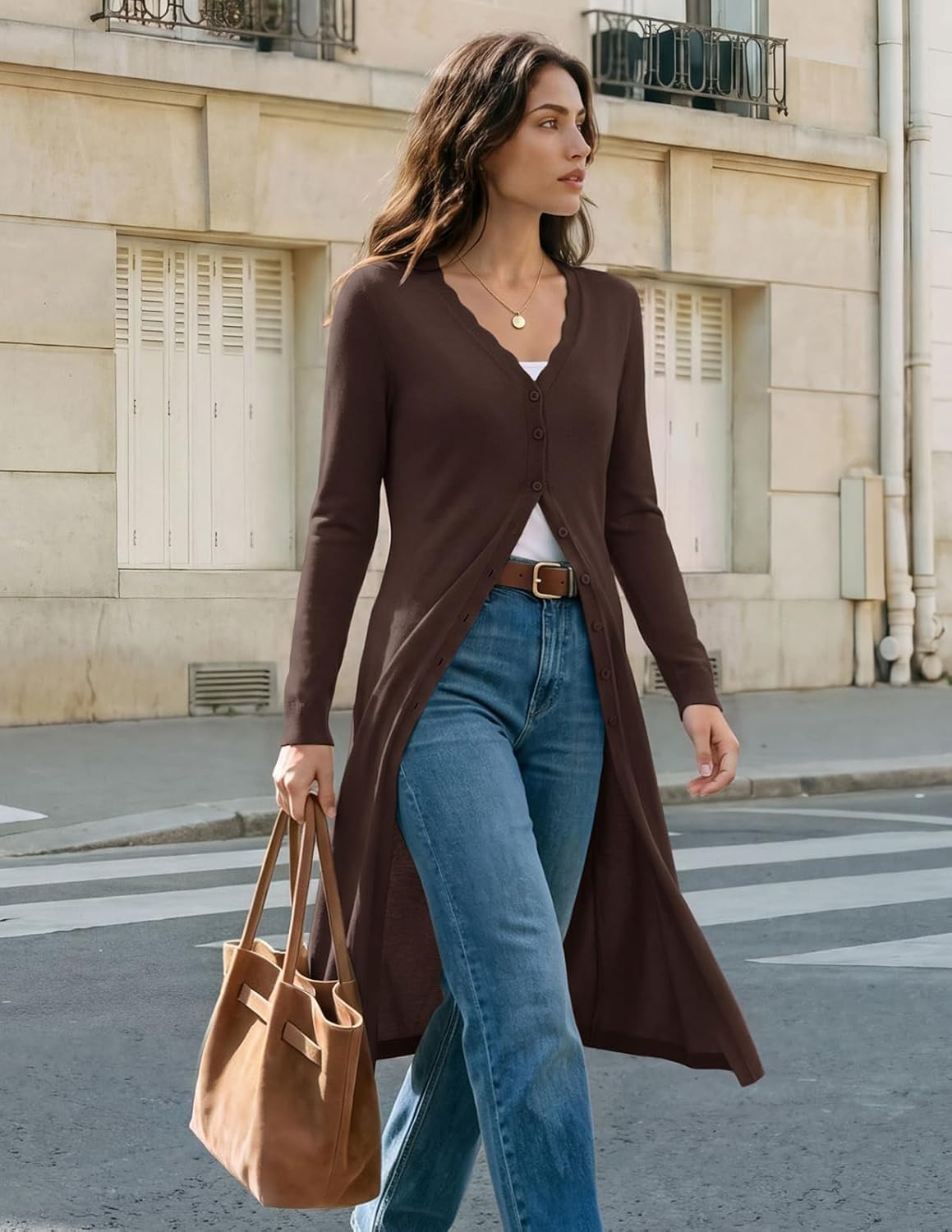 image:imageGRACE KARIN Long Cardigans for Women Scalloped Duster Fall Fashion OutfitsCoffee