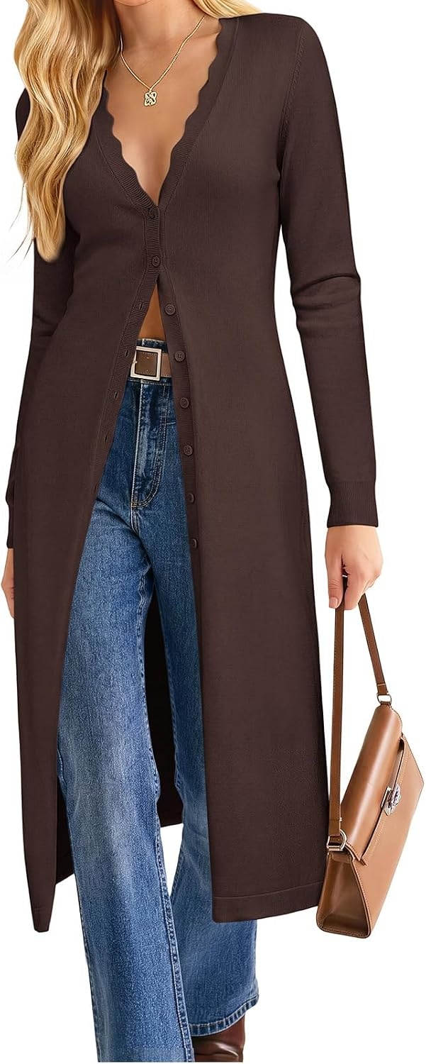 image:imageGRACE KARIN Long Cardigans for Women Scalloped Duster Fall Fashion OutfitsCoffee