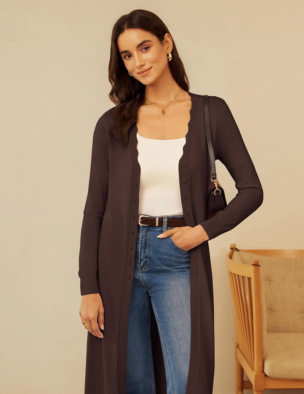 image:imageGRACE KARIN Long Cardigans for Women Scalloped Duster Fall Fashion OutfitsCoffee