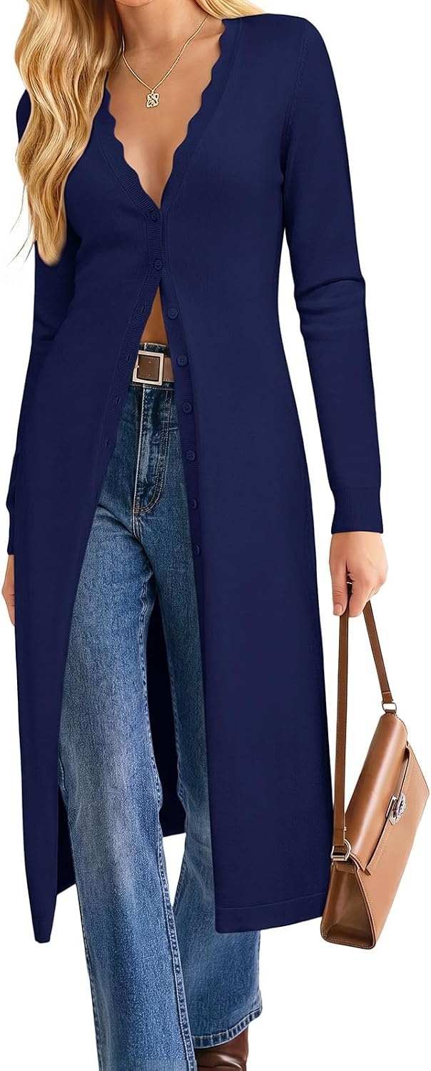 image:imageGRACE KARIN Long Cardigans for Women Scalloped Duster Fall Fashion OutfitsNavy Blue