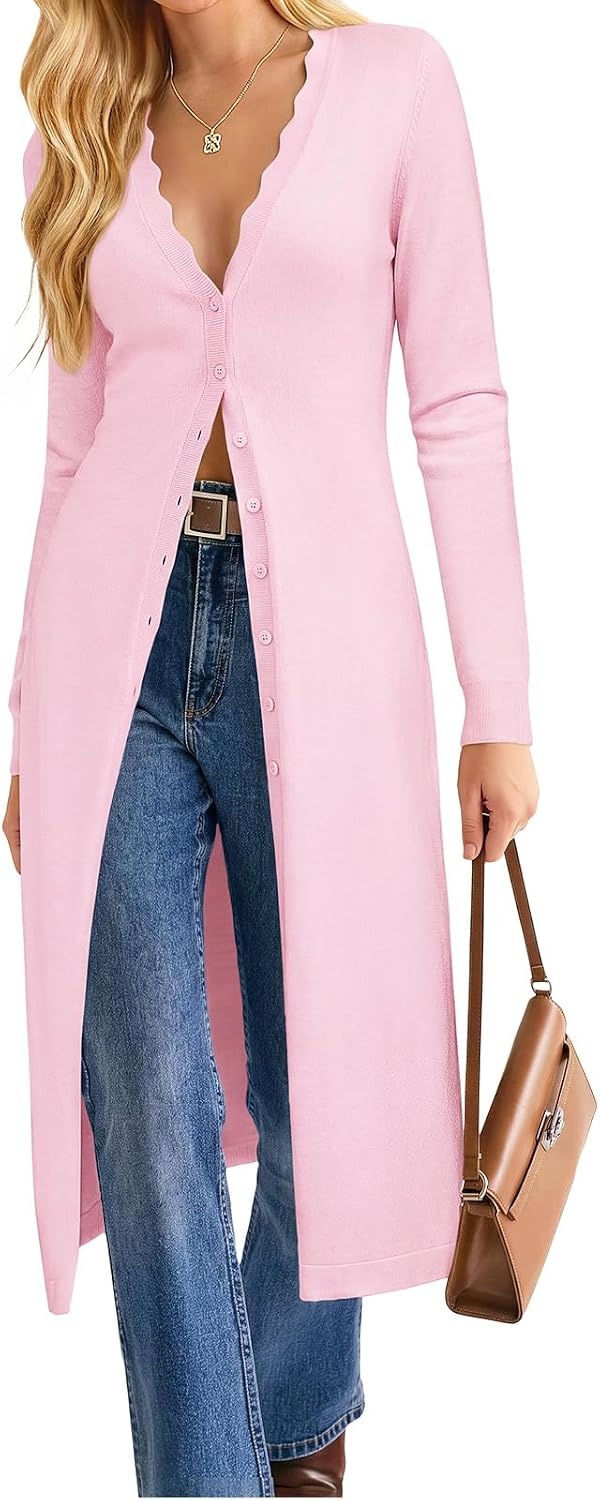 image:imageGRACE KARIN Long Cardigans for Women Scalloped Duster Fall Fashion OutfitsPink