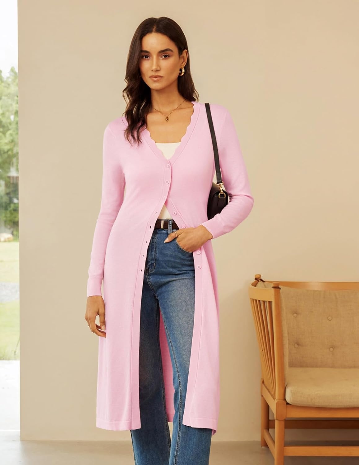 image:imageGRACE KARIN Long Cardigans for Women Scalloped Duster Fall Fashion OutfitsPink