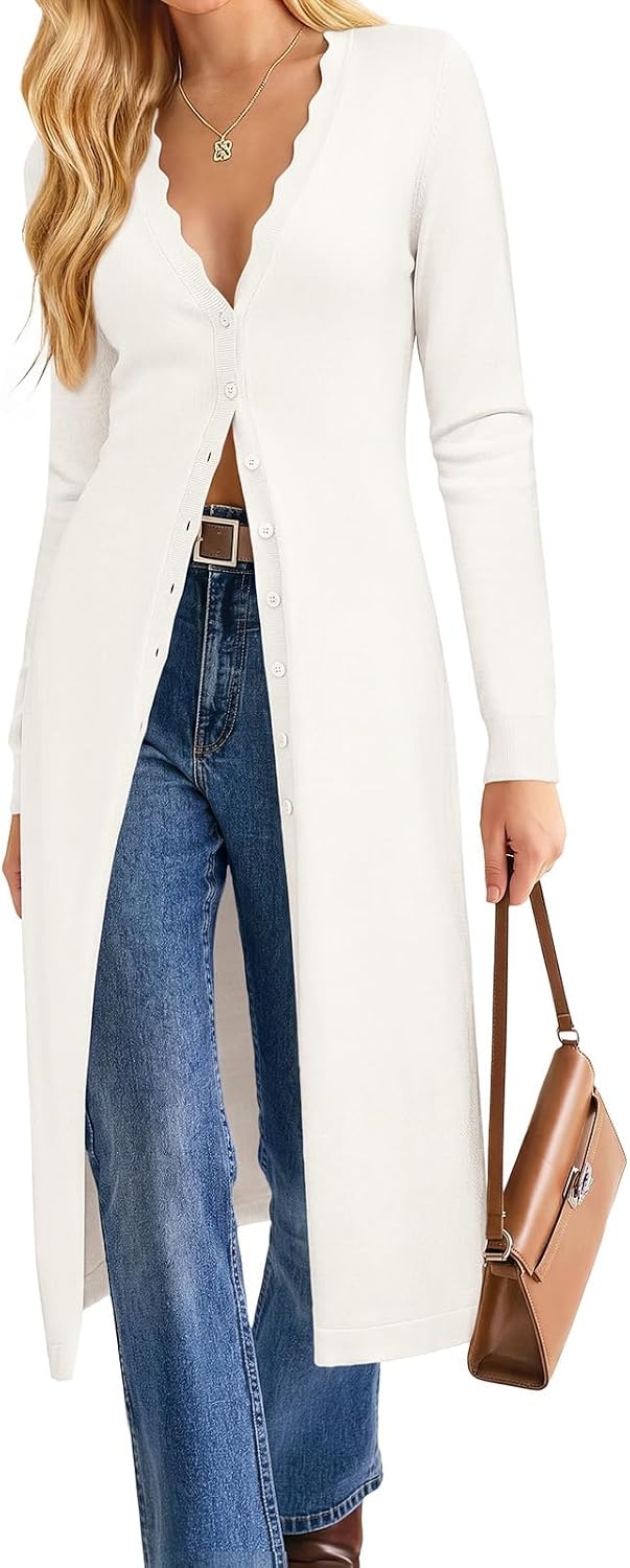 image:imageGRACE KARIN Long Cardigans for Women Scalloped Duster Fall Fashion OutfitsWhite