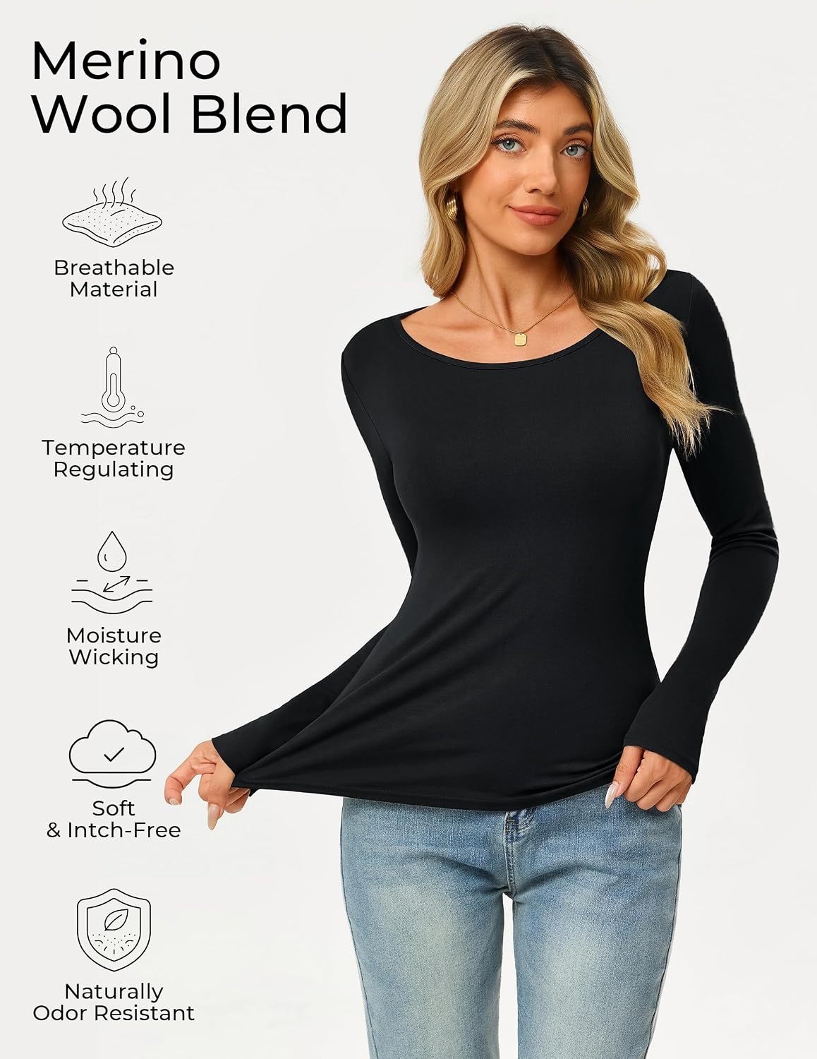 image:imageGRACE KARIN Merino Wool Long Sleeve Lightweight Shirt WomenBlack