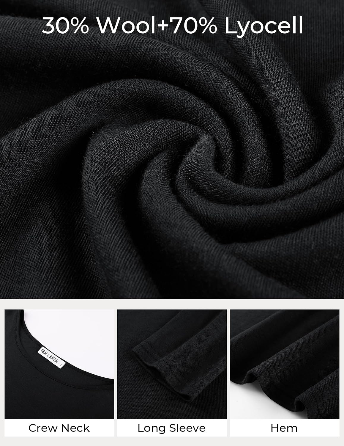 image:imageGRACE KARIN Merino Wool Long Sleeve Lightweight Shirt WomenBlack