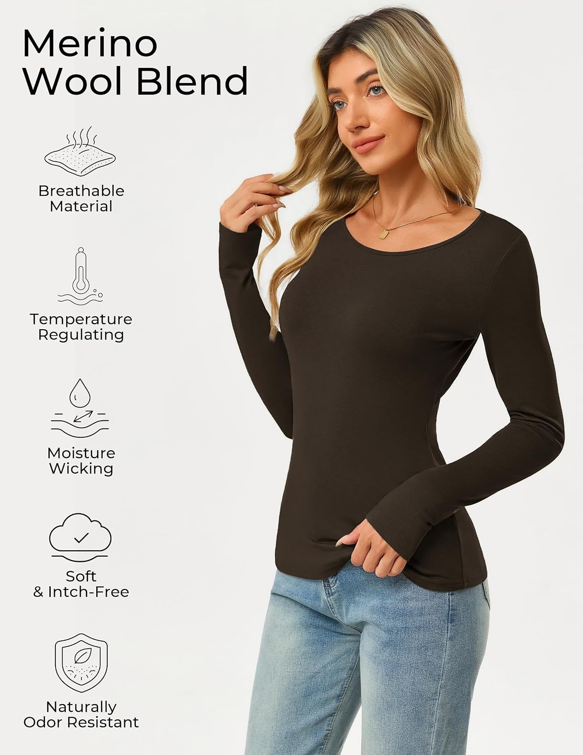 image:imageGRACE KARIN Merino Wool Long Sleeve Lightweight Shirt WomenCoffee