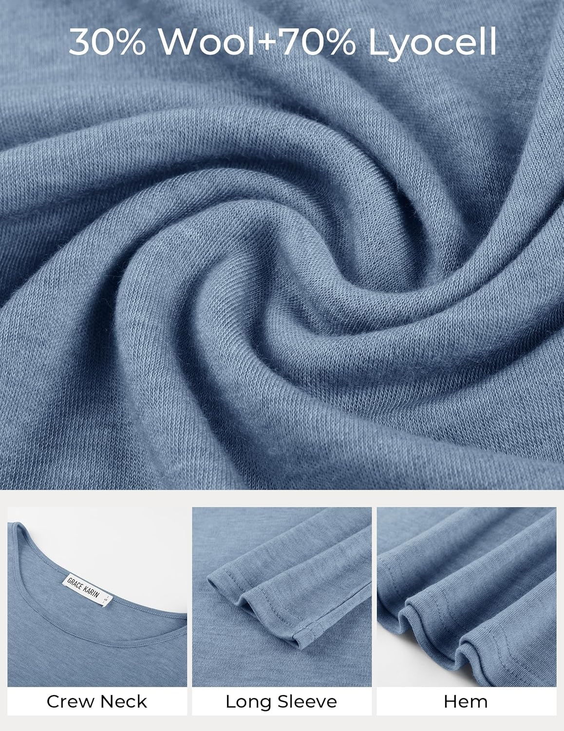 image:imageGRACE KARIN Merino Wool Long Sleeve Lightweight Shirt WomenGray Blue