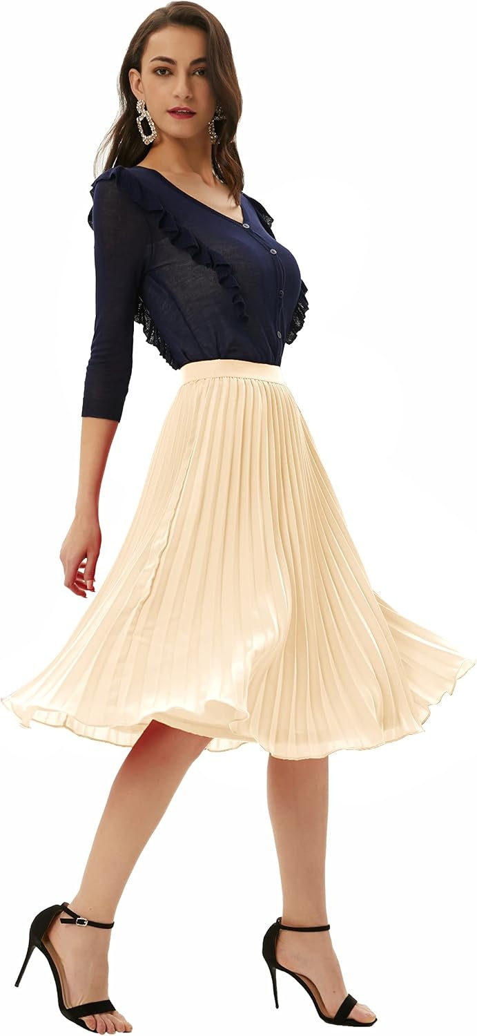 image:imageGRACE KARIN Pleated Midi Skirt for Women Chiffon ALine OutfitsApricot
