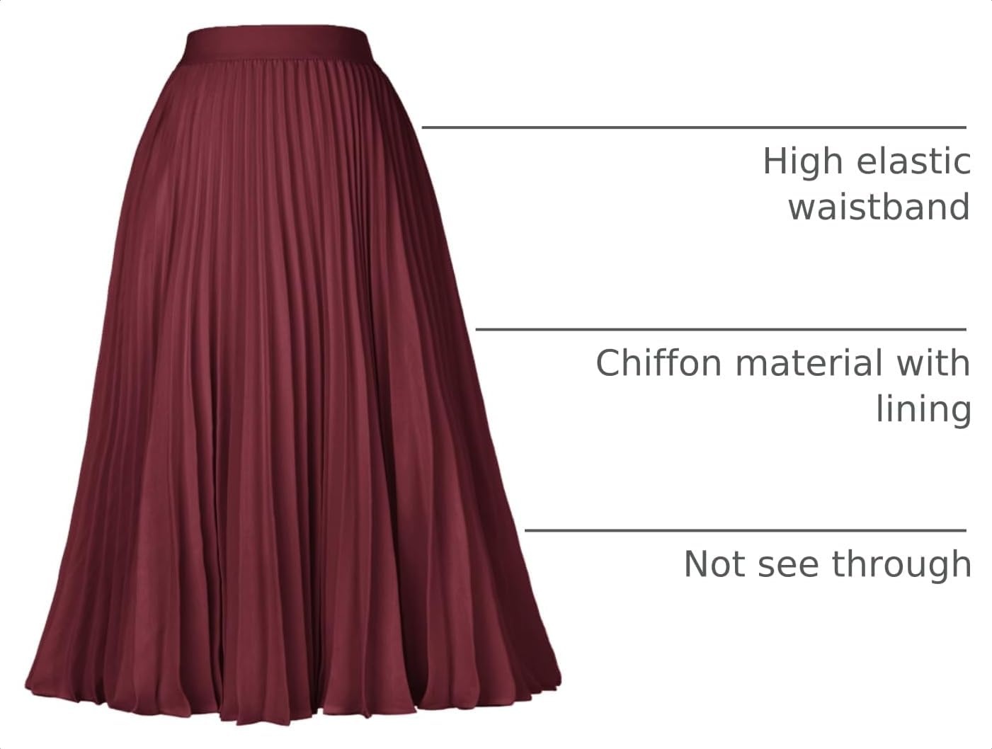 image:imageGRACE KARIN Pleated Midi Skirt for Women Chiffon ALine OutfitsWine Red