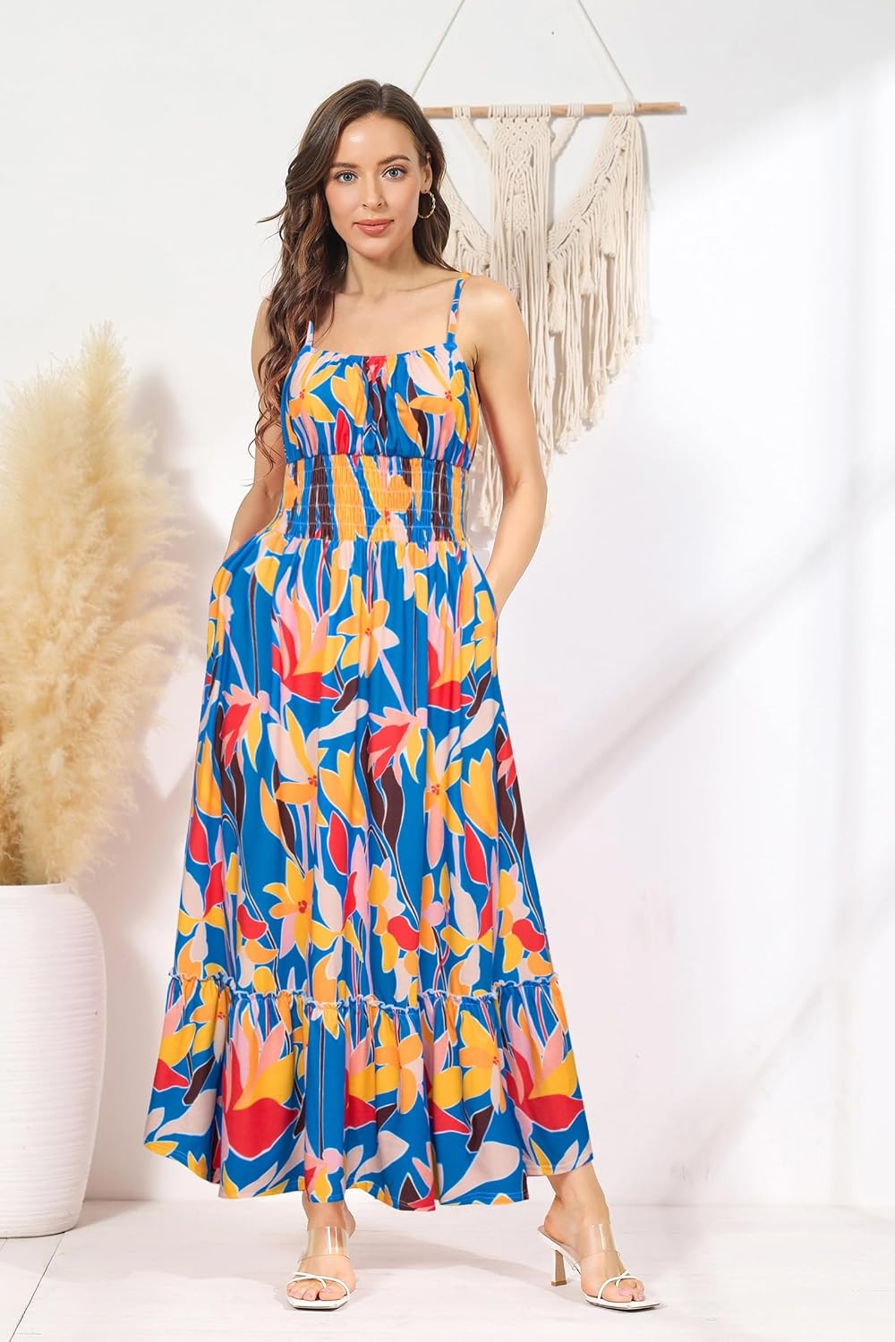 image:imageGRACE KARIN Summer Dresses for Women 2026 Vacation Boho Maxi SundressBlue Yellow Floral