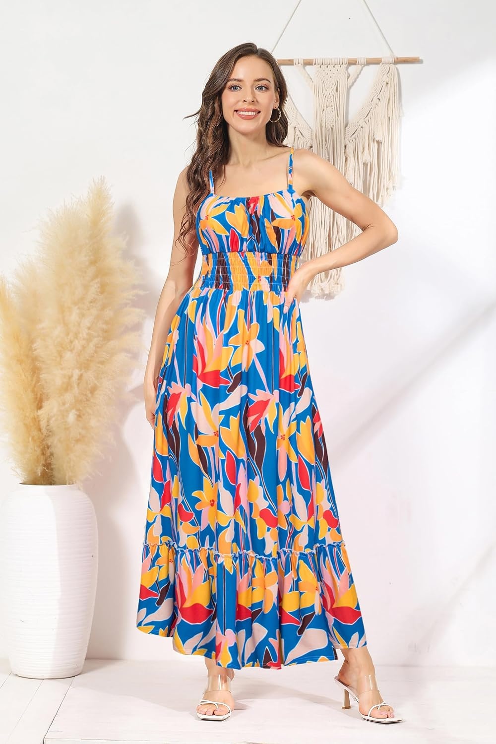 image:imageGRACE KARIN Summer Dresses for Women 2026 Vacation Boho Maxi SundressBlue Yellow Floral