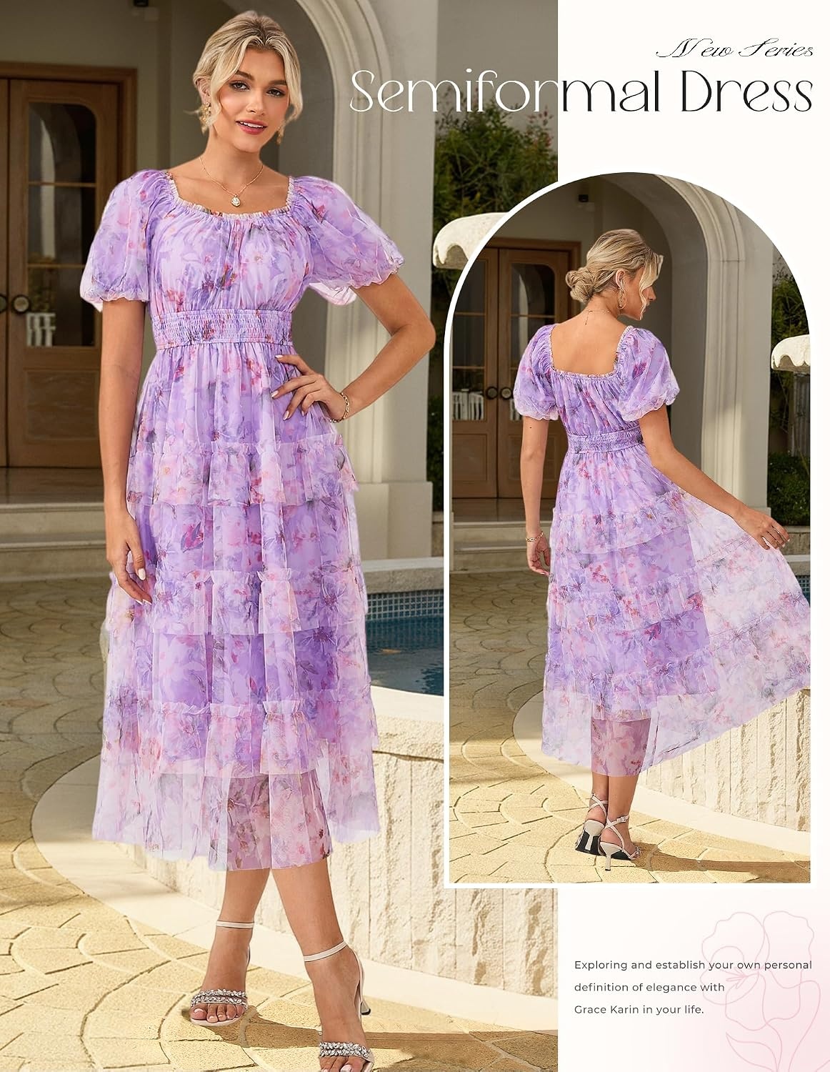 image:imageGRACE KARIN Summer Wedding Guest Causal Midi Floral Tulle DressPurple Pink