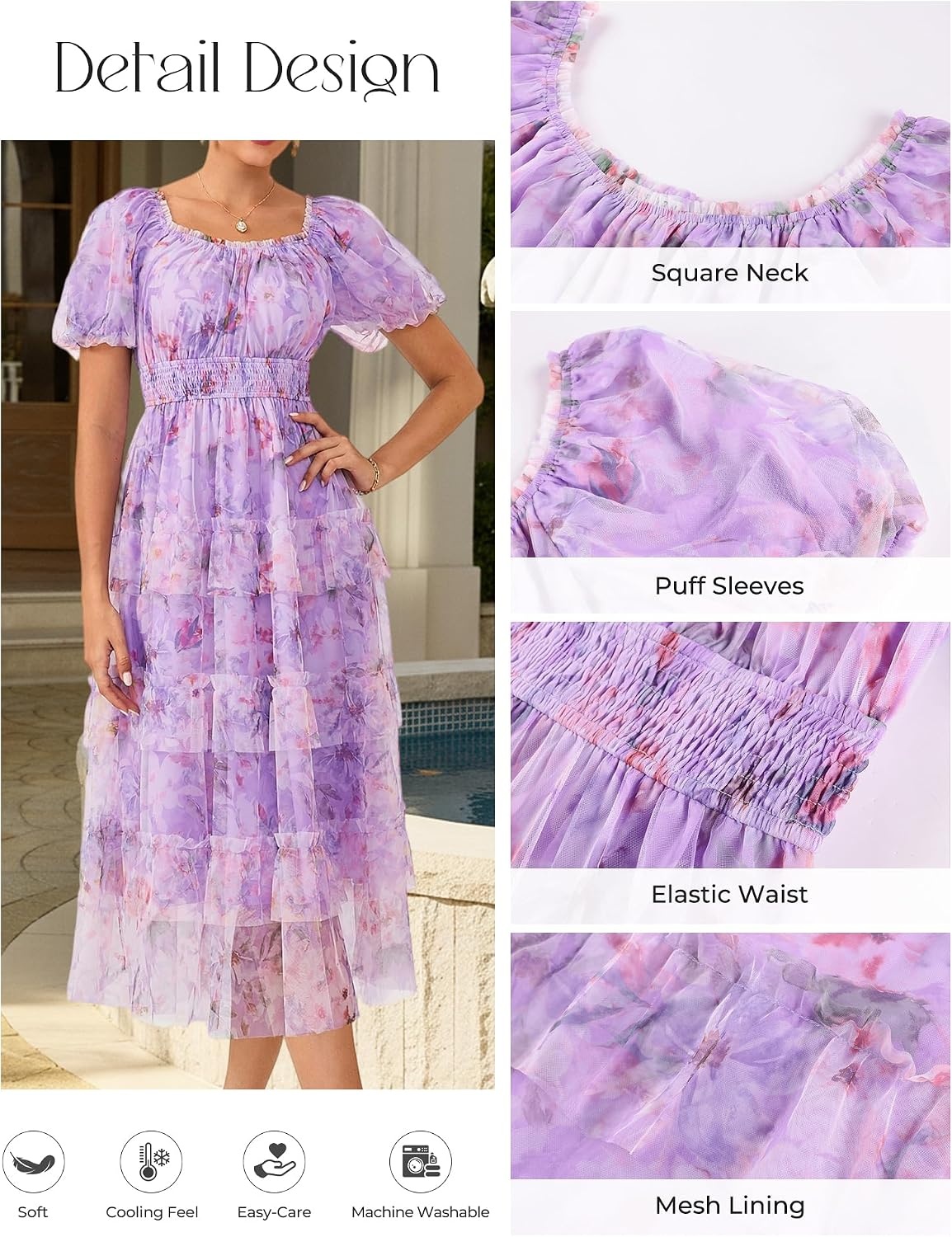 image:imageGRACE KARIN Summer Wedding Guest Causal Midi Floral Tulle DressPurple Pink