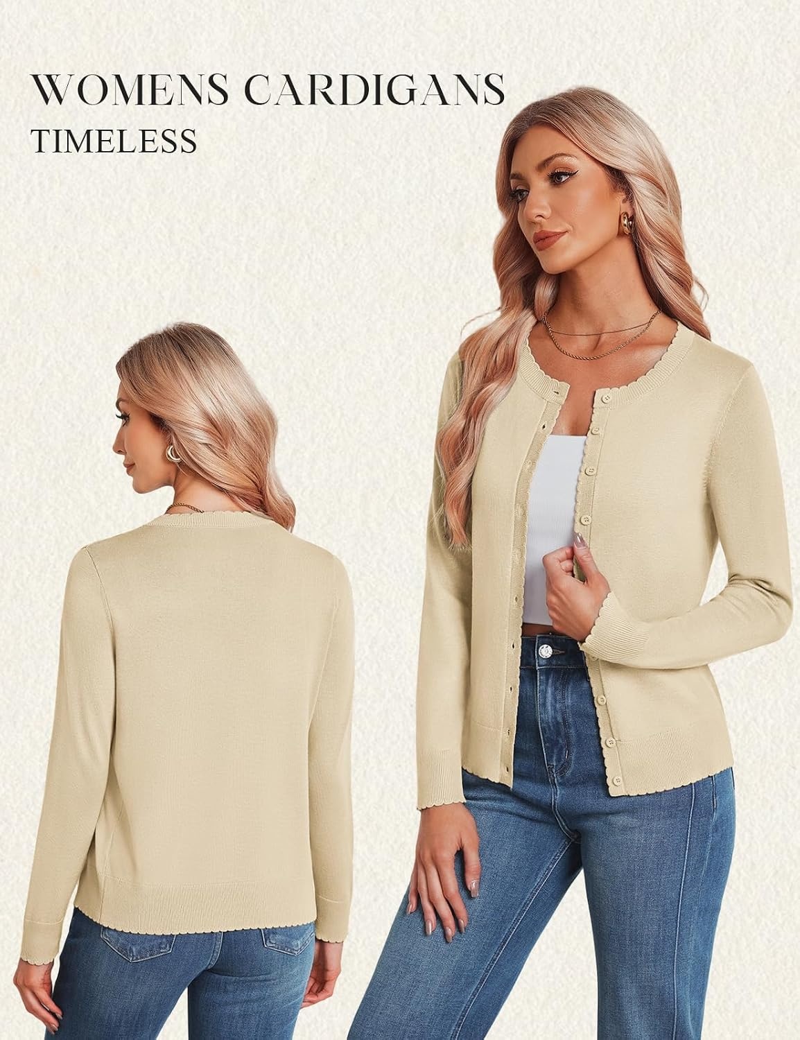 image:imageGRACE KARIN Women 2026 Lightweight Scalloped Knit Fall Cardigan SweatersApricot