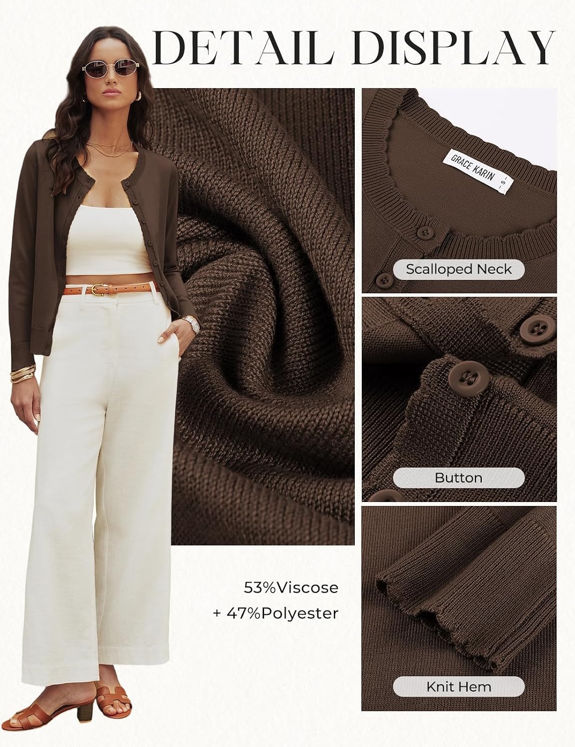 image:imageGRACE KARIN Women 2026 Lightweight Scalloped Knit Fall Cardigan SweatersDark Chocolate