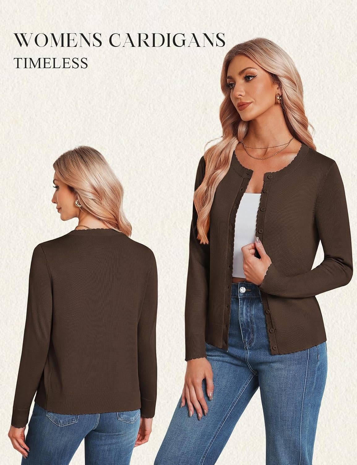 image:imageGRACE KARIN Women 2026 Lightweight Scalloped Knit Fall Cardigan SweatersDark Chocolate
