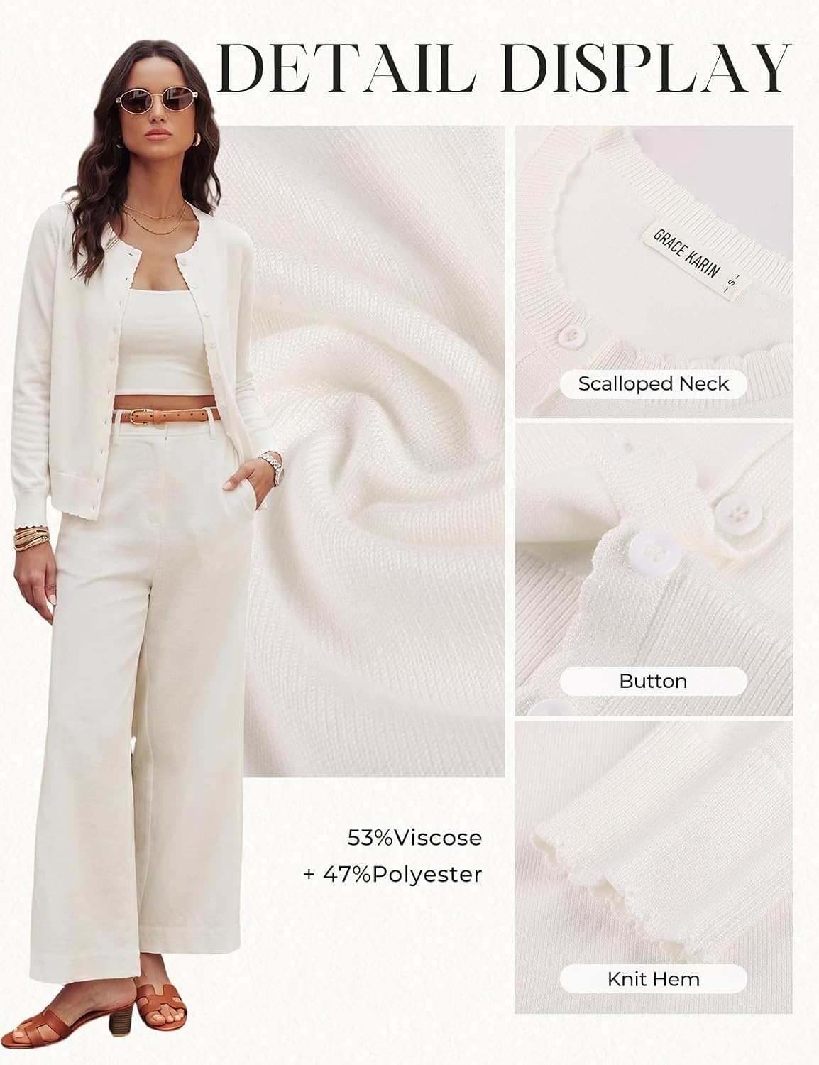 image:imageGRACE KARIN Women 2026 Lightweight Scalloped Knit Fall Cardigan SweatersIvory White