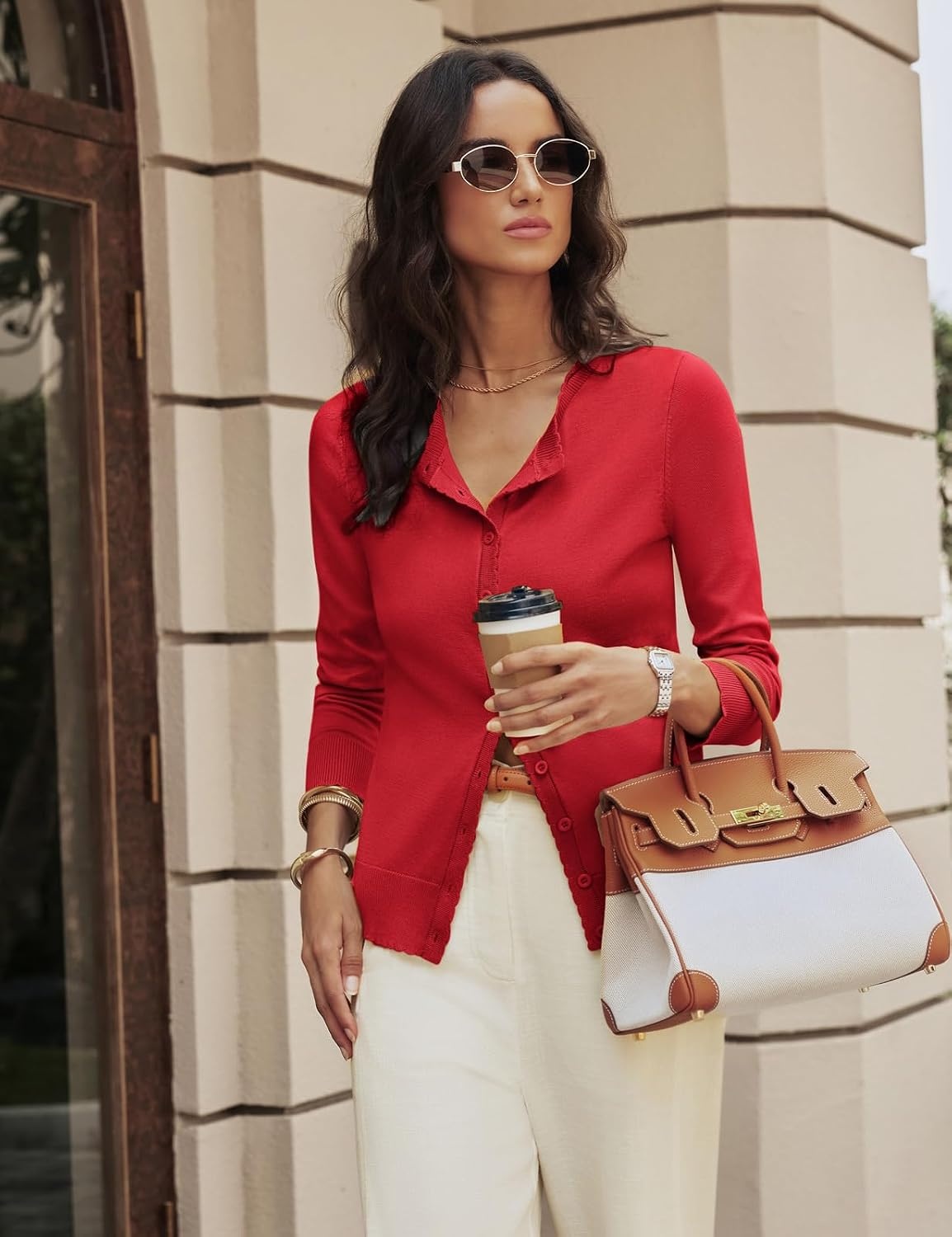 image:imageGRACE KARIN Women 2026 Lightweight Scalloped Knit Fall Cardigan SweatersRed