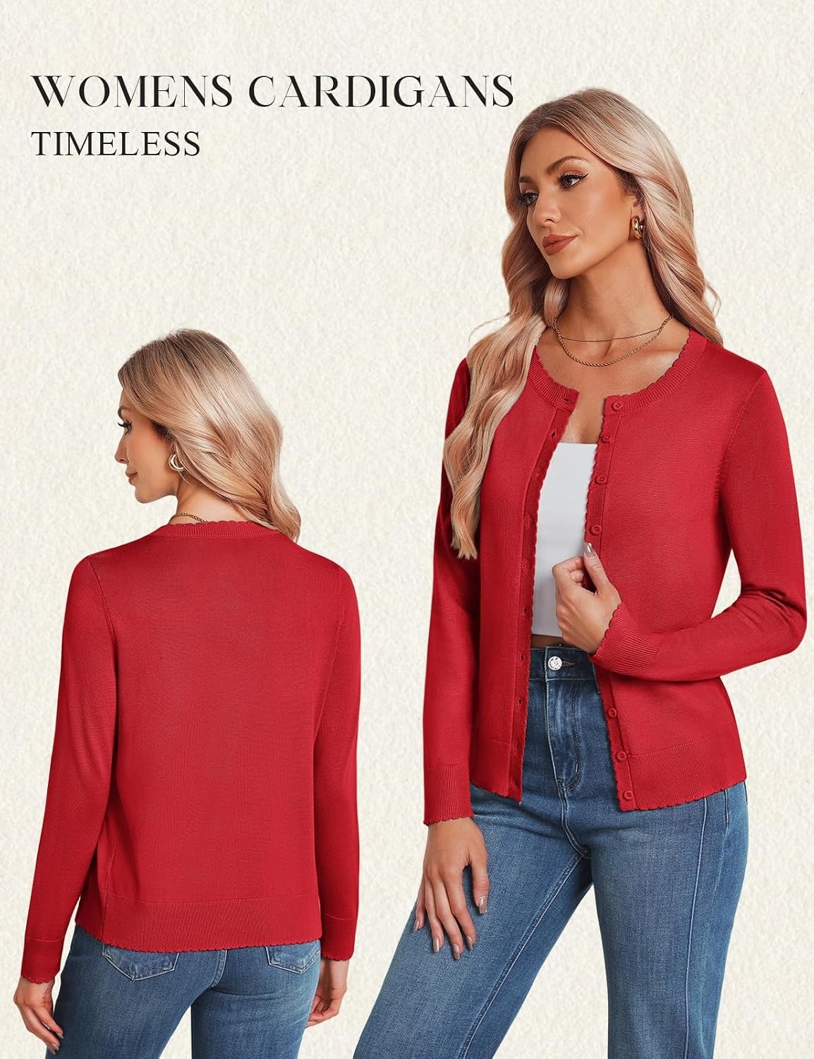 image:imageGRACE KARIN Women 2026 Lightweight Scalloped Knit Fall Cardigan SweatersRed