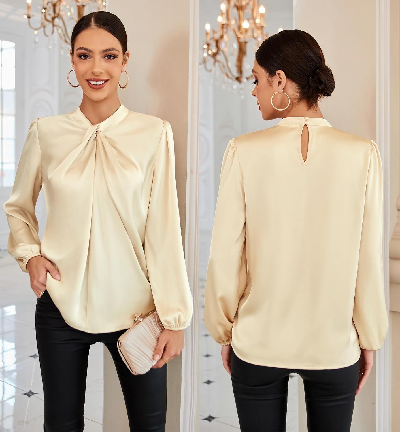 image:imageGRACE KARIN Women Business Casual Long Sleeve Satin BlouseApricot