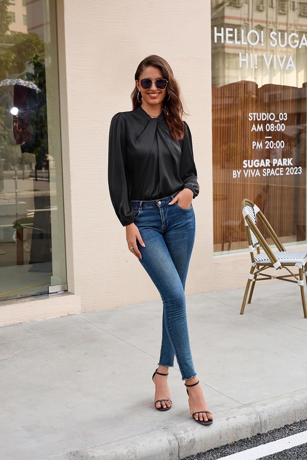image:imageGRACE KARIN Women Business Casual Long Sleeve Satin BlouseBlack