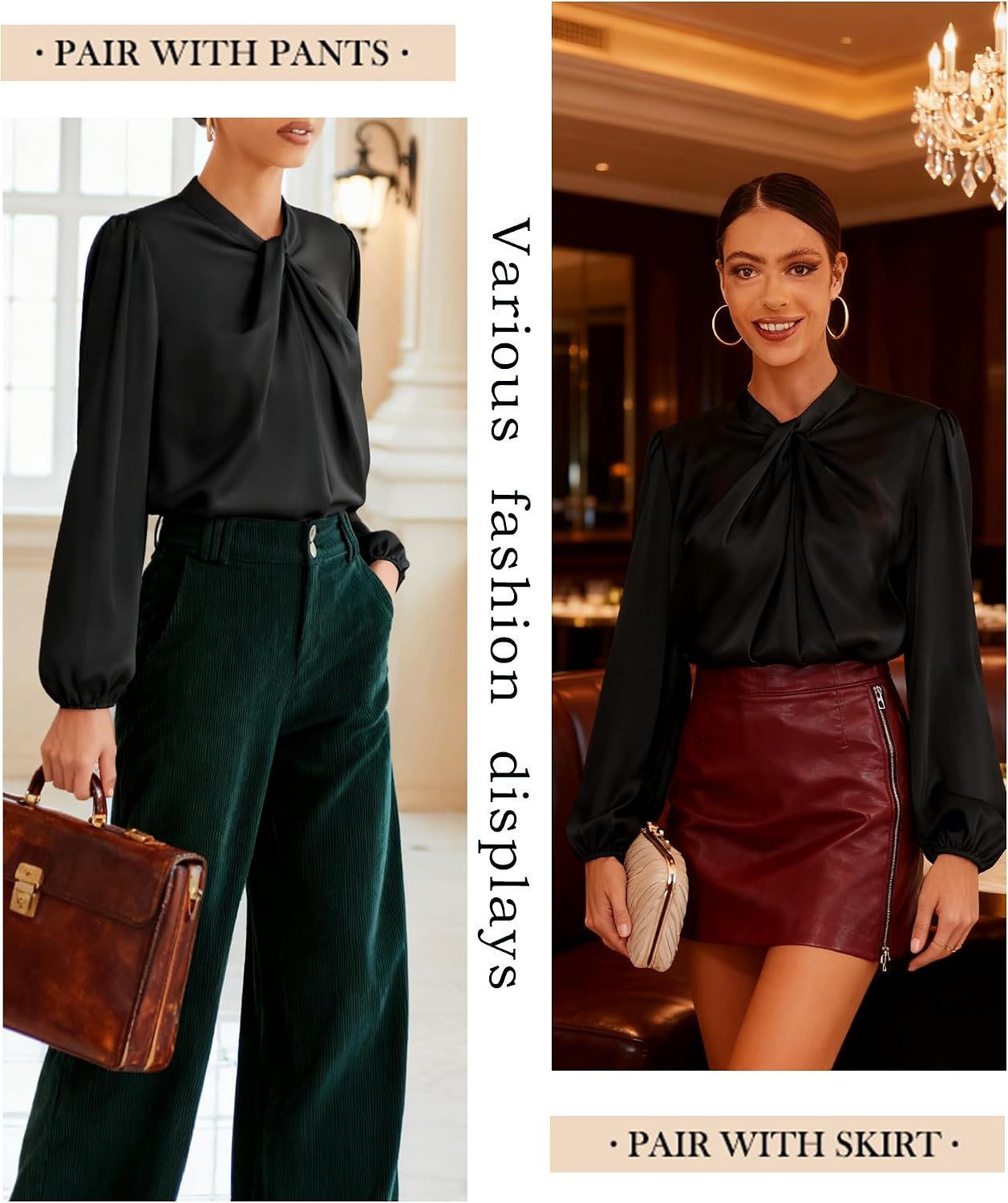 image:imageGRACE KARIN Women Business Casual Long Sleeve Satin BlouseBlack