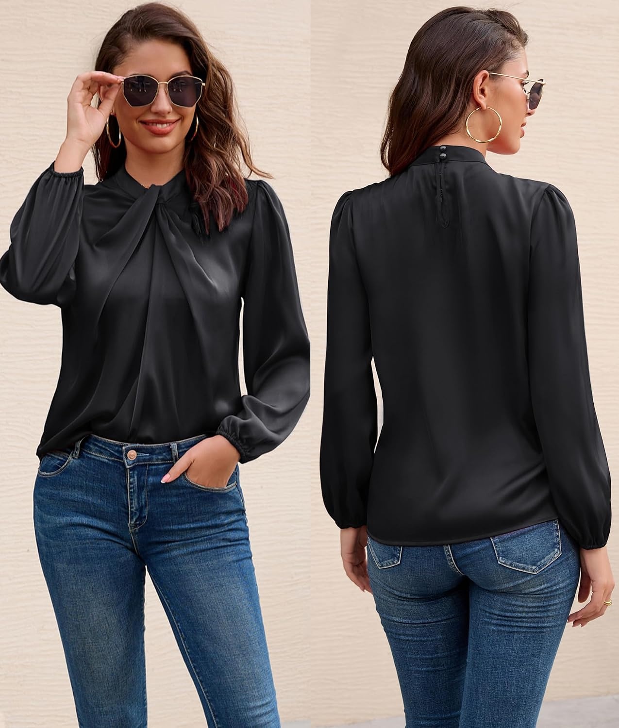 image:imageGRACE KARIN Women Business Casual Long Sleeve Satin BlouseBlack