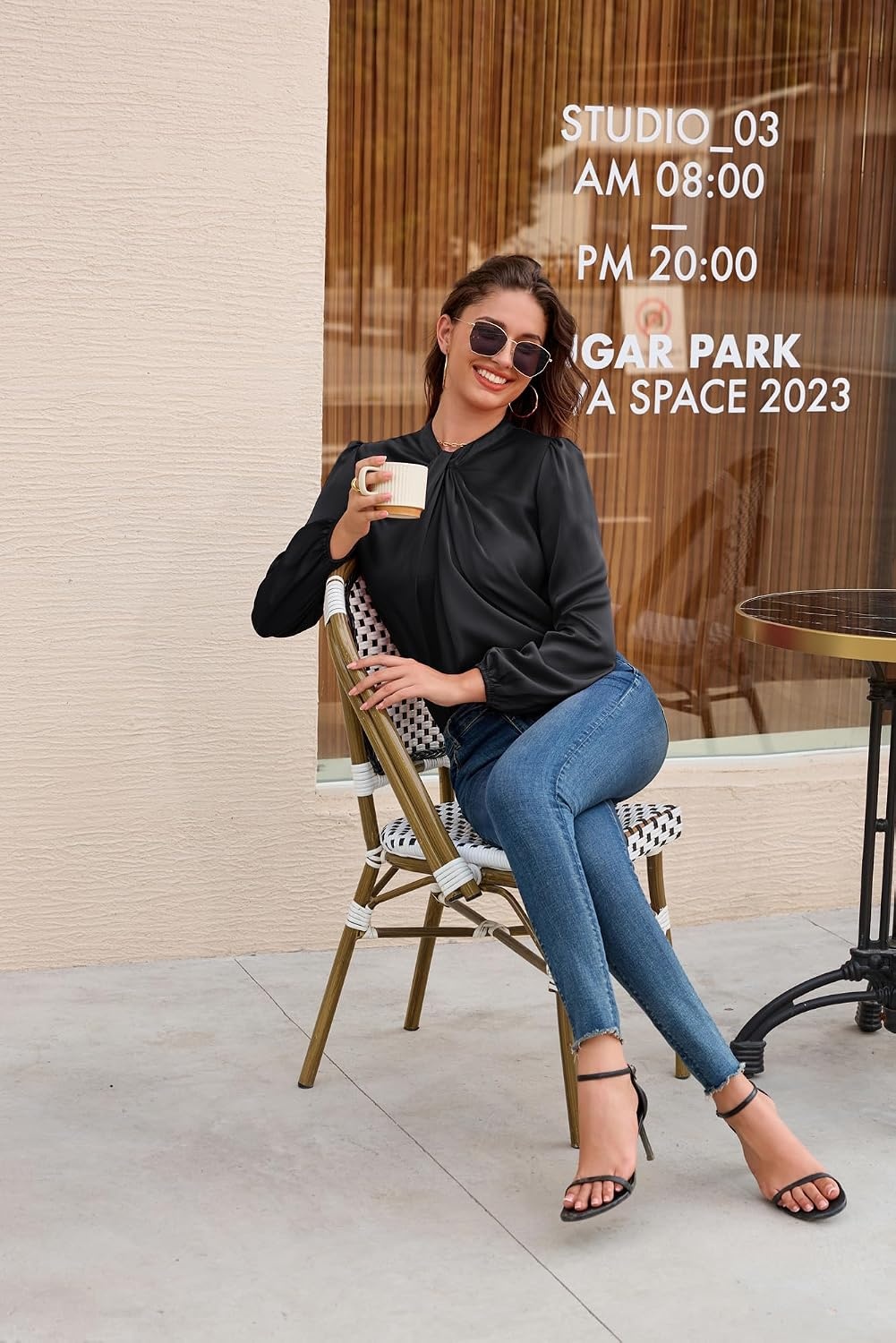 image:imageGRACE KARIN Women Business Casual Long Sleeve Satin BlouseBlack