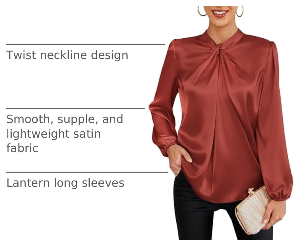 image:imageGRACE KARIN Women Business Casual Long Sleeve Satin BlouseBrick Red