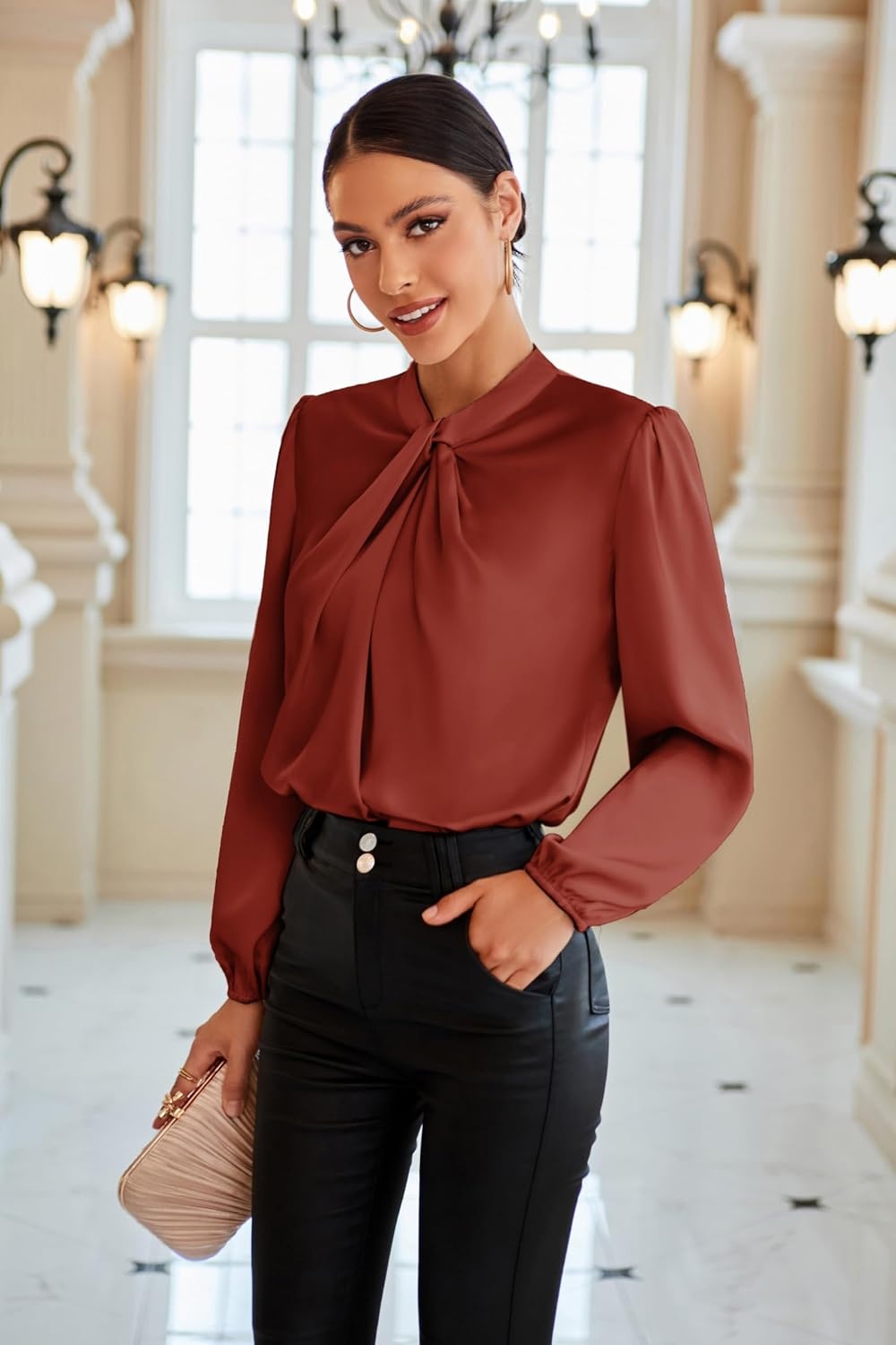 image:imageGRACE KARIN Women Business Casual Long Sleeve Satin BlouseBrick Red