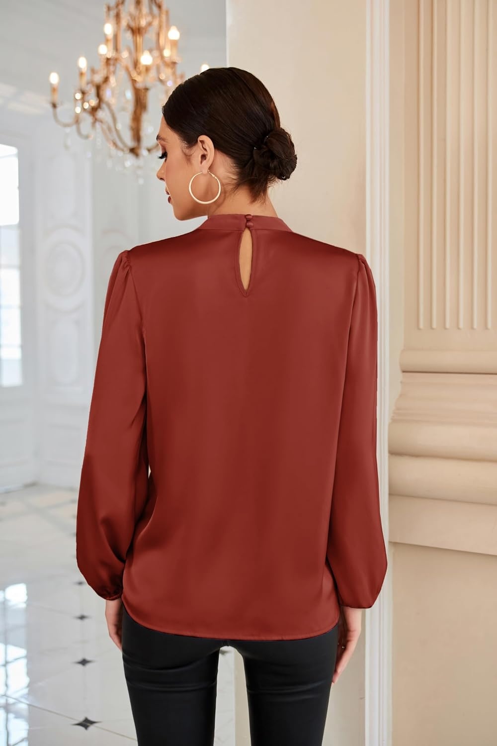 image:imageGRACE KARIN Women Business Casual Long Sleeve Satin BlouseBrick Red