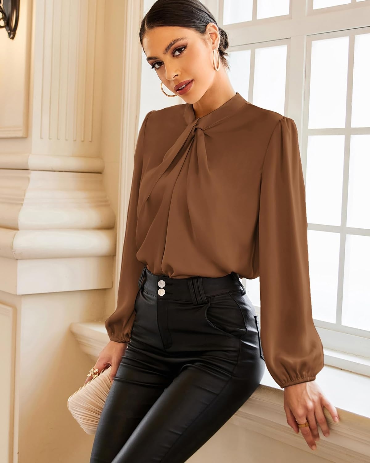 image:imageGRACE KARIN Women Business Casual Long Sleeve Satin BlouseDark Brown