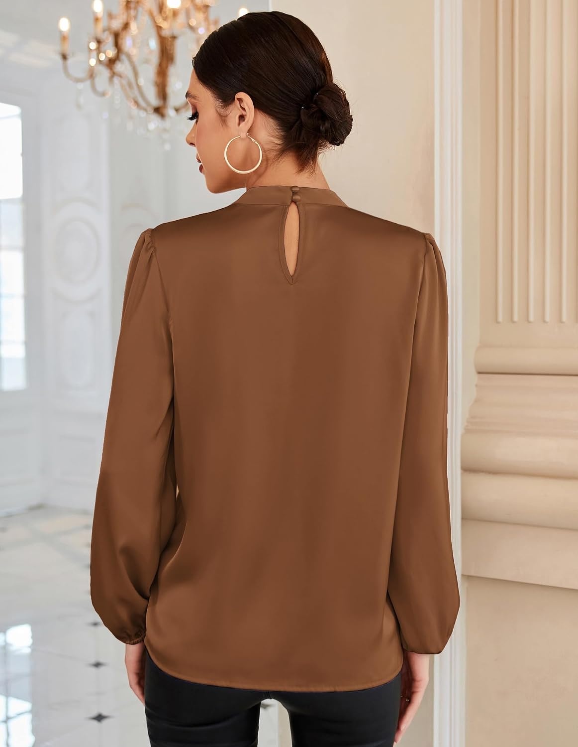 image:imageGRACE KARIN Women Business Casual Long Sleeve Satin BlouseDark Brown