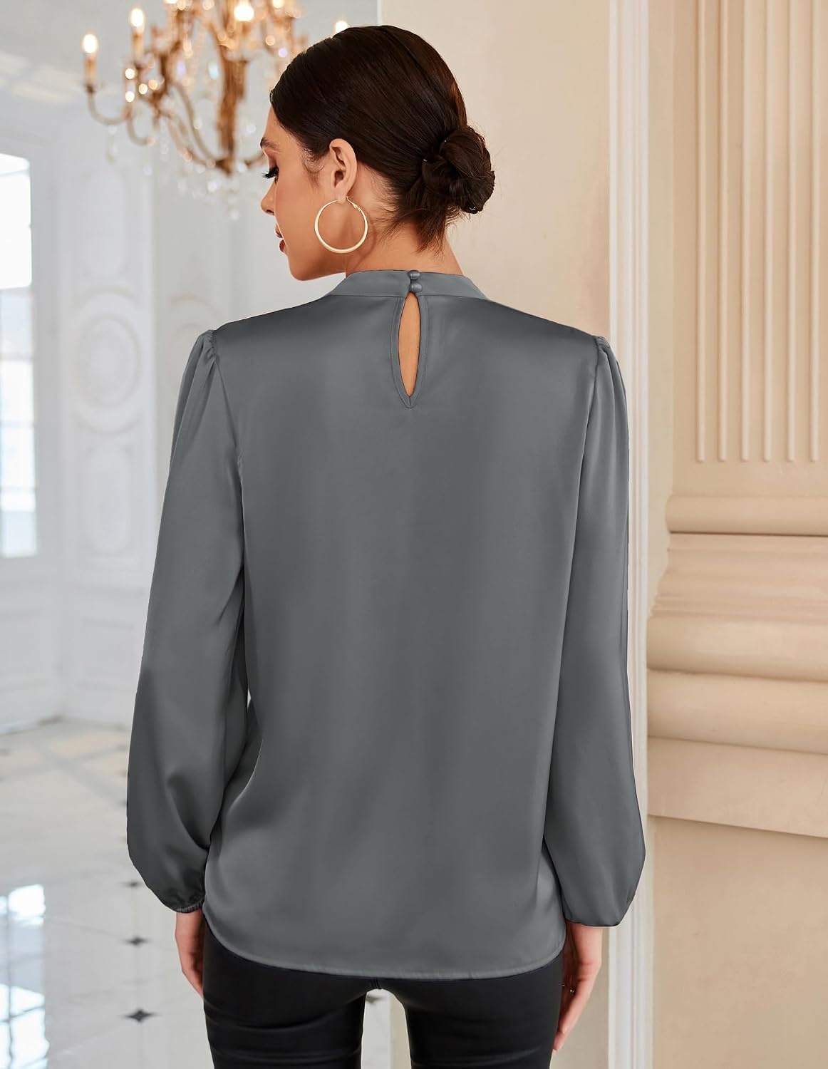 image:imageGRACE KARIN Women Business Casual Long Sleeve Satin BlouseDark Gray
