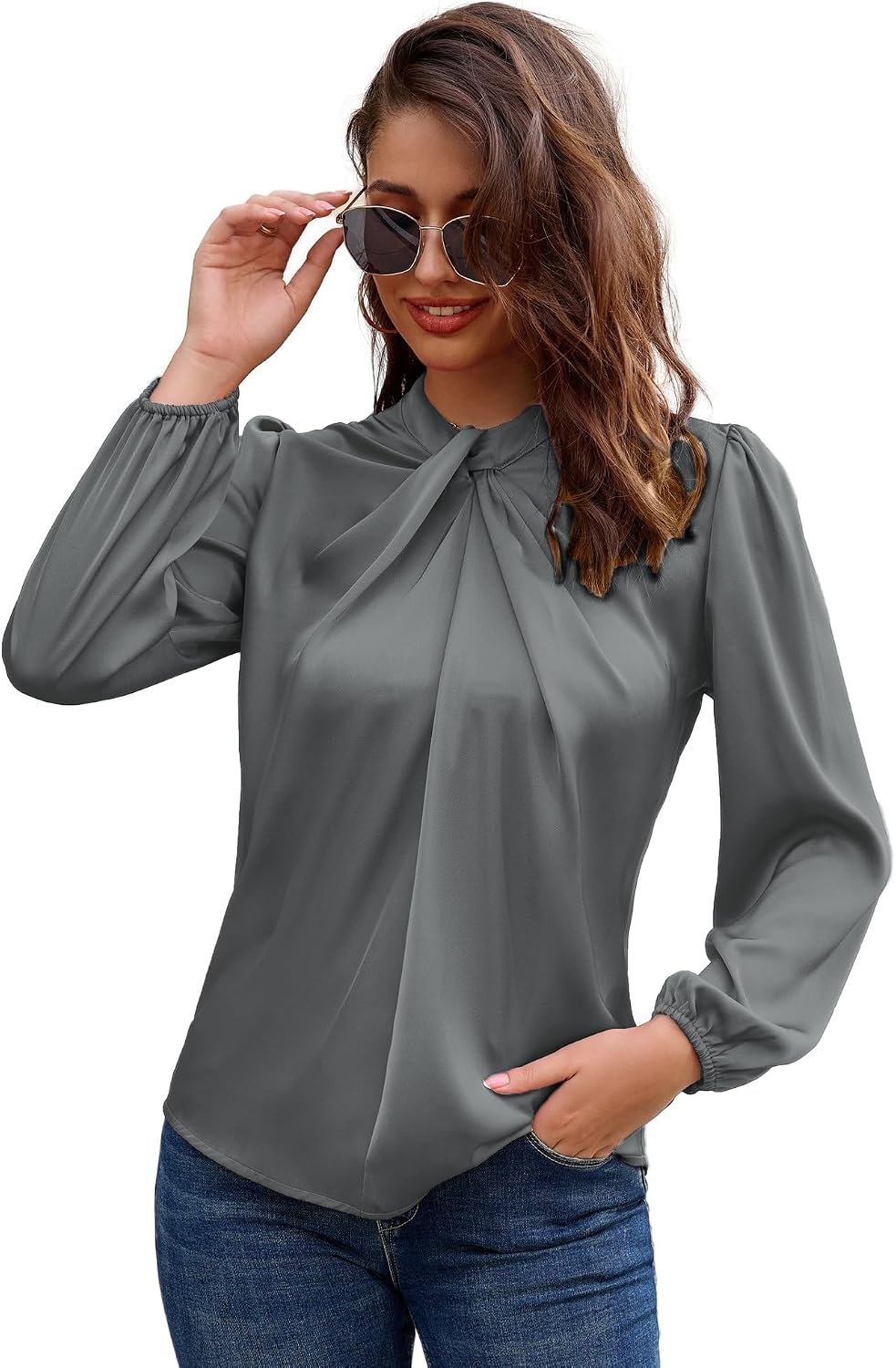 image:imageGRACE KARIN Women Business Casual Long Sleeve Satin BlouseDark Gray