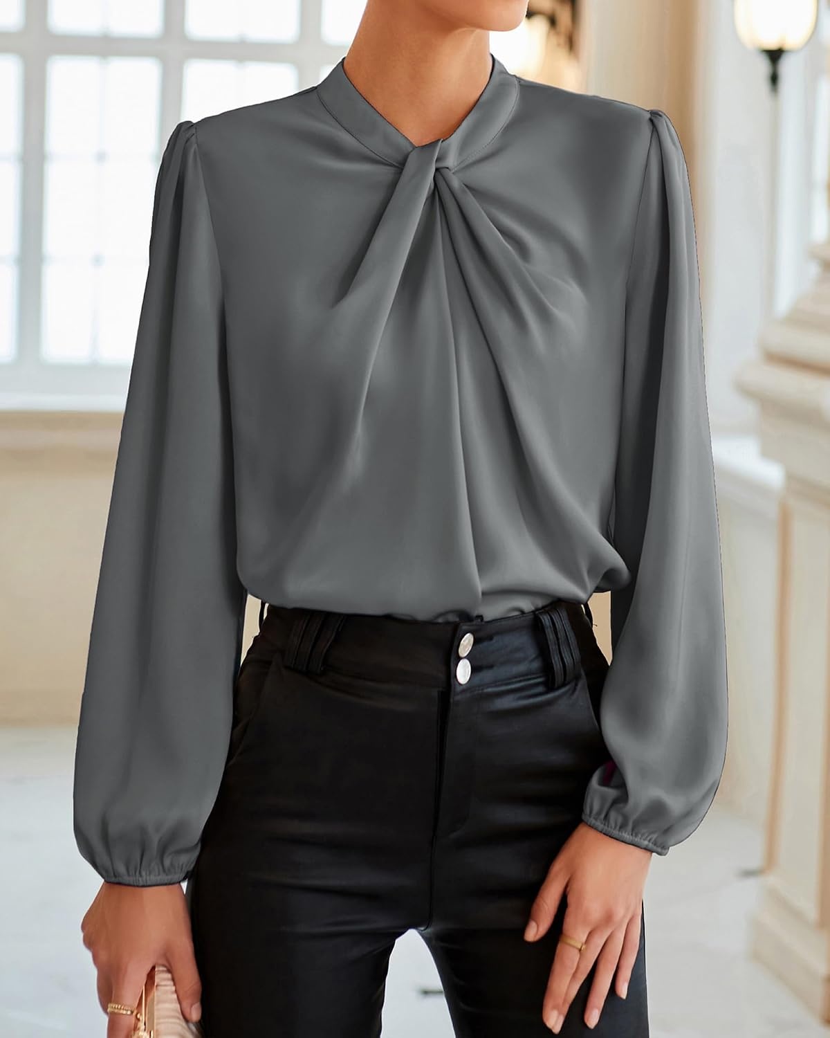 image:imageGRACE KARIN Women Business Casual Long Sleeve Satin BlouseDark Gray