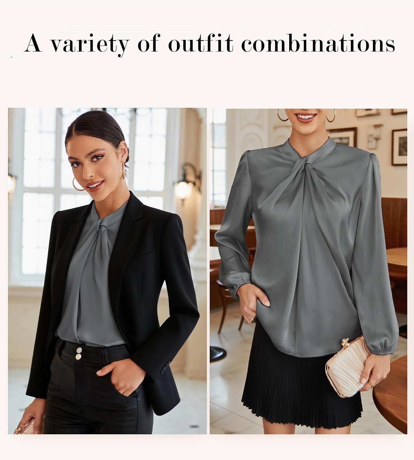 image:imageGRACE KARIN Women Business Casual Long Sleeve Satin BlouseDark Gray