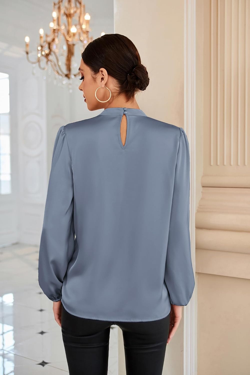 image:imageGRACE KARIN Women Business Casual Long Sleeve Satin BlouseGray