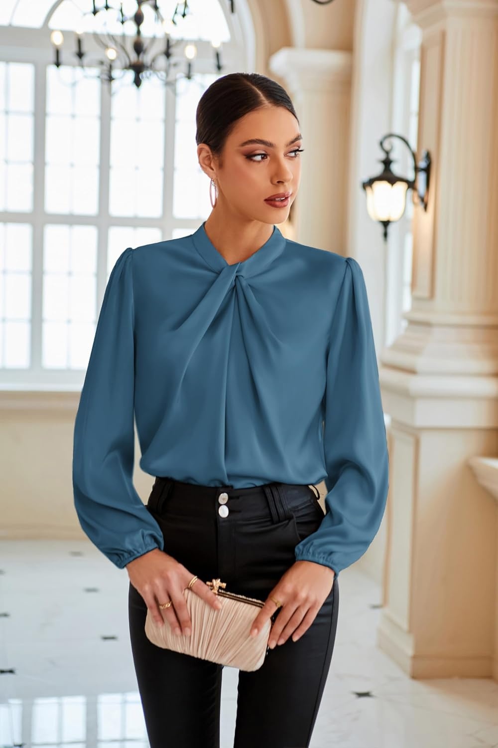 image:imageGRACE KARIN Women Business Casual Long Sleeve Satin BlouseGrey Blue