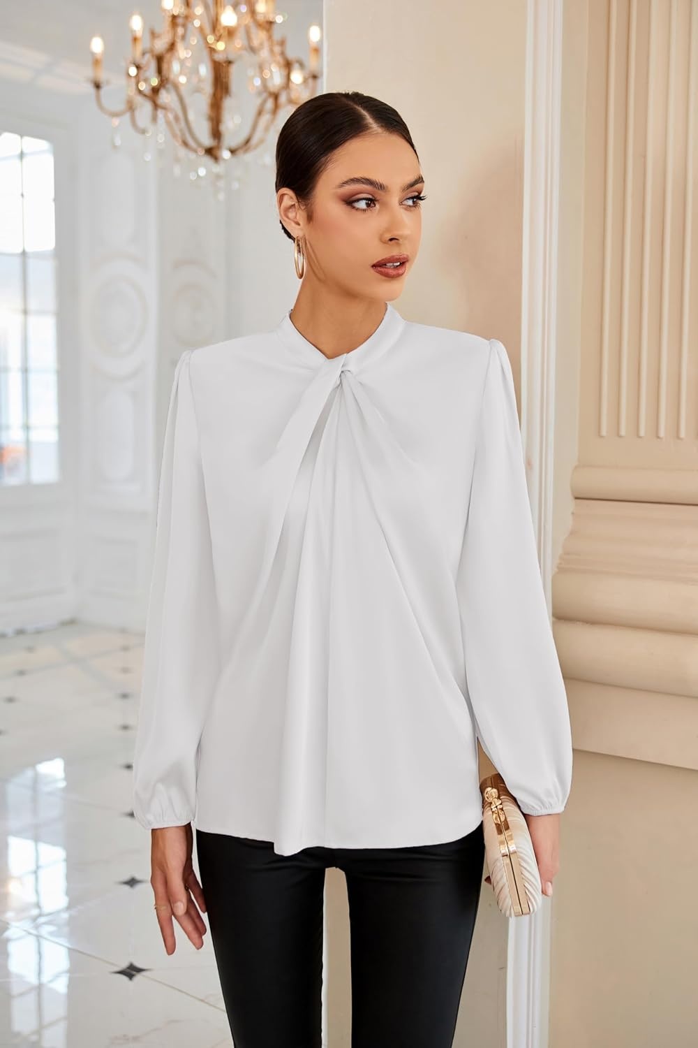 image:imageGRACE KARIN Women Business Casual Long Sleeve Satin BlouseIvory