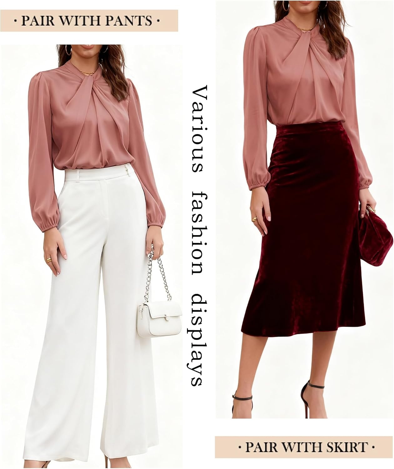 image:imageGRACE KARIN Women Business Casual Long Sleeve Satin BlouseLight Pink