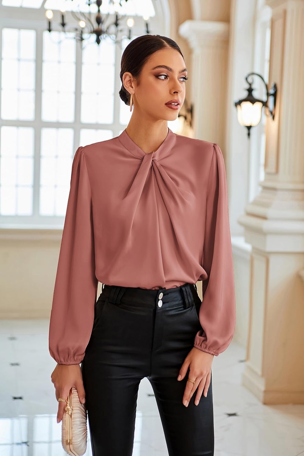 image:imageGRACE KARIN Women Business Casual Long Sleeve Satin BlouseLight Pink