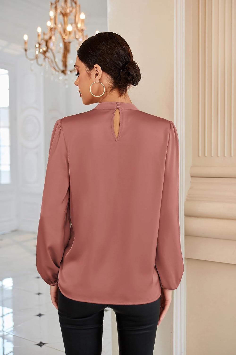 image:imageGRACE KARIN Women Business Casual Long Sleeve Satin BlouseLight Pink