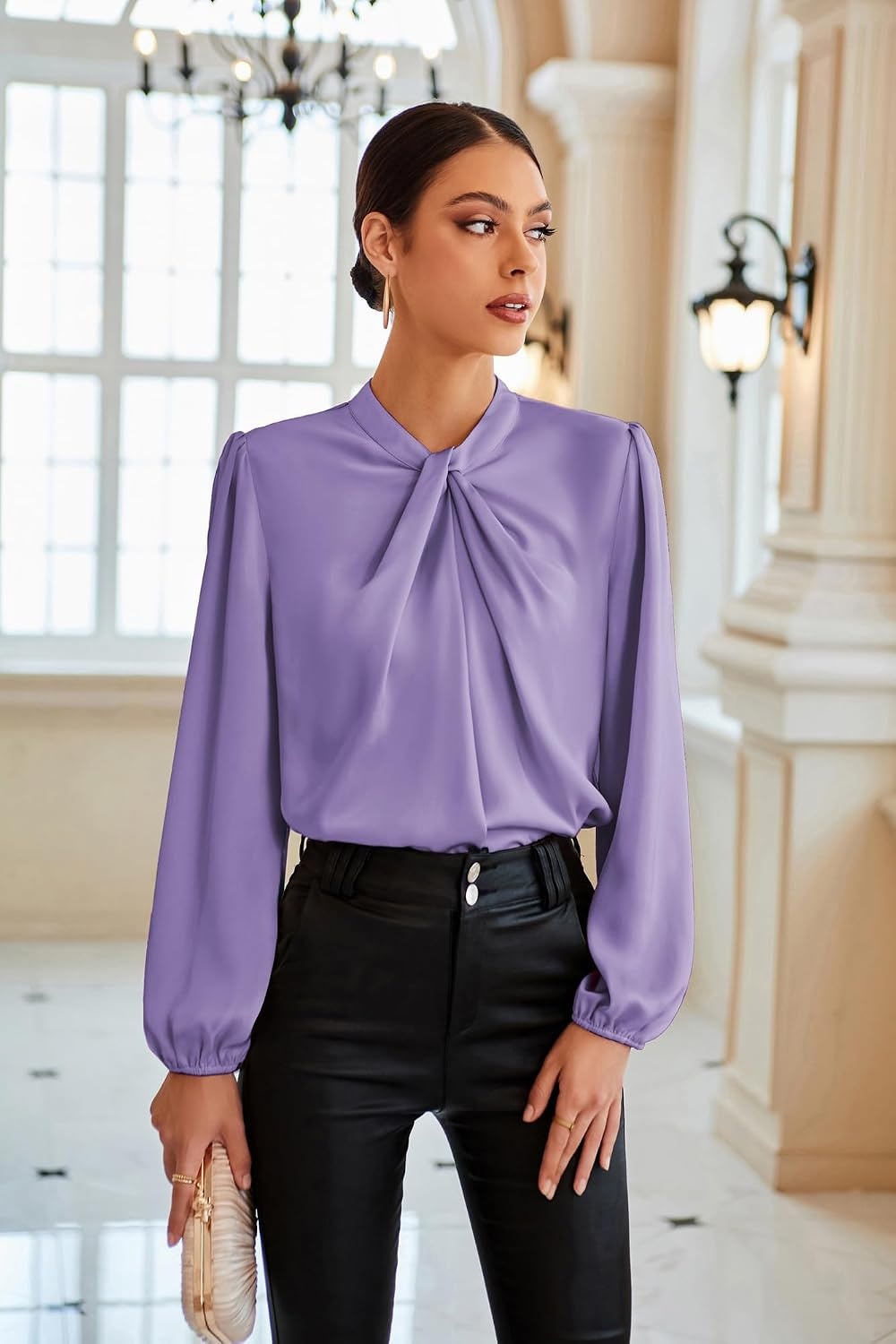 image:imageGRACE KARIN Women Business Casual Long Sleeve Satin BlouseLight Purple